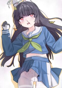 1girl absurdres ahoge animal_ears black_gloves black_hair blood blue_archive blue_serafuku blue_shirt blue_skirt blush bright_pupils commentary_request fake_animal_ears gloves green_neckerchief grey_halo halo highres korean_commentary leaf leaf_on_head long_hair long_sleeves midriff_peek miyu_(blue_archive) neckerchief nosebleed open_mouth panties panties_under_pantyhose pantyhose pleated_skirt polka_dot polka_dot_panties rabbit_ears red_eyes sailor_collar school_uniform serafuku shirt simple_background skirt solo teeth ttubbip underwear upper_teeth_only white_panties white_pantyhose white_pupils white_sailor_collar
