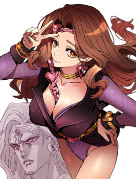 Rule 34 | 1boy, 1girl, breasts, brown hair, cleavage, commentary request, genderswap, genderswap (mtf), hand on own hip, highres, jewelry, jojo no kimyou na bouken, large breasts, leotard, long hair, nobita (makoto7060355), purple leotard, smile, stardust crusaders, strapless, strapless leotard, v, vanilla ice, white background