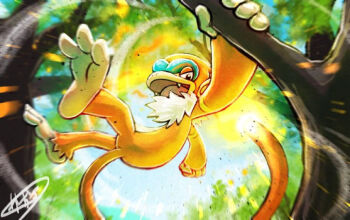 animal_focus clenched_hand commentary_request embers fangs fire flame-tipped_tail gen_4_pokemon kaosu_(kaosu0905) monferno monkey nintendo no_humans nostrils open_mouth outdoors pokemon pokemon_(creature) pokemon_focus signature solo tail tree