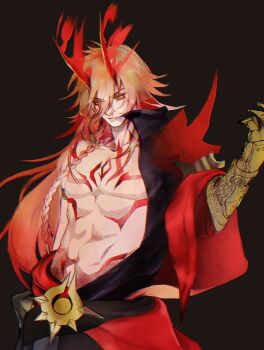 1boy abs arm_tattoo armlet bare_pectorals black_background black_coat blonde_hair braid chest_tattoo clawed_gauntlets coat earrings facial_tattoo fosu_2045 gold_earrings gold_necklace gradient_hair highres honkai:_star_rail honkai_(series) horns jewelry long_hair male_focus multicolored_hair mydei_(honkai:_star_rail) necklace open_clothes open_coat pectorals red_hair red_horns red_tattoo side_braid solo tattoo toned toned_male yellow_eyes