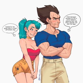 1boy 1girl absurdres age_difference aged_down arrow_(symbol) beard_stubble biting_own_lip blanclauz blue_eyes blue_hair blue_shirt blush breasts brown_hair bulma choker cowboy_shot crossed_arms dragon_ball dragonball_z english_text facial_hair highres husband_and_wife mature_male medium_breasts muscular muscular_male own_hands_together ponytail red_shirt saiyan seductive_smile shirt short_hair short_sleeves shorts smile speech_bubble spiked_hair strapless strapless_shirt stubble sweatdrop v_arms vegeta veins veiny_arms widow's_peak yellow_choker yellow_shorts