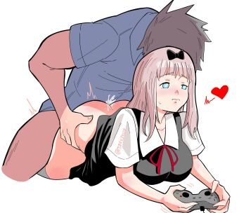 1boy 1girl ^^^ artist_name ass_grab black_bow black_dress blue_eyes bow breasts closed_mouth clothed_sex collarbone controller cum cum_in_pussy cum_overflow doggystyle dress ejaculation fujiwara_chika game_controller hair_bow heart hetero highres holding holding_controller holding_game_controller kaguya-sama_wa_kokurasetai_~tensai-tachi_no_renai_zunousen~ large_breasts long_hair looking_to_the_side lying multitasking on_stomach pink_hair sex sex_from_behind shirt short_sleeves simple_background solo_focus sweatdrop taku34128 thigh_grab thighs torso_grab twitter_username vaginal white_background white_shirt