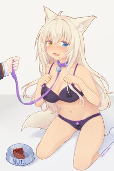 1girl animal_ear_fluff animal_ears bell blonde_hair bow bow_bra bow_panties bowl bra breasts cake cake_slice cat_ears cat_girl cat_tail character_name cherry chocolate_cake cleavage coconut_(nekopara) collar food food_on_face fruit heterochromia highres holding holding_leash leash long_hair matching_underwear navel neck_bell nekopara nirunirin open_mouth panties paw_bra paw_panties paw_print pet_bowl purple_bow purple_bra purple_collar purple_panties simple_background socks stomach tail twitter_username underwear white_background white_socks