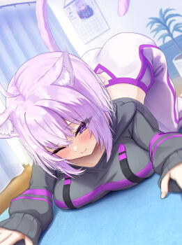 1girl absurdres ahoge animal_collar animal_ear_fluff animal_ears black_collar black_hoodie blurry blurry_background blush breasts cat_ears cat_girl cat_tail closed_mouth collar commentary_request cropped_hoodie food food_print hair_between_eyes highres hololive hood hood_down hoodie indoors large_breasts long_sleeves looking_at_viewer midriff navel nekomata_okayu nekomata_okayu_(1st_costume) one_eye_closed onigiri onigiri_print pants paw_pose purple_eyes purple_hair purple_tail shirt short_hair sleeves_past_wrists smile solo stretching tail takotakochan_1006 virtual_youtuber white_pants