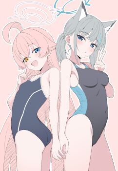 2girls :d absurdres ahoge ass black_one-piece_swimsuit blue_archive blue_eyes breasts competition_swimsuit covered_navel cross_hair_ornament duplicate earrings extra_ears fang grey_hair hair_ornament heterochromia highres hoshino_(blue_archive) hoshino_(swimsuit)_(blue_archive) jewelry long_hair looking_at_viewer medium_breasts mismatched_pupils mistel_(sukebemistel) multiple_girls official_alternate_costume one-piece_swimsuit open_mouth pink_background pink_hair pixel-perfect_duplicate shiroko_(blue_archive) shiroko_(swimsuit)_(blue_archive) skin_fang small_breasts smile stud_earrings swimsuit v very_long_hair