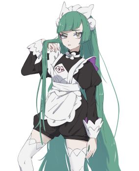 1girl apron brown_eyes commentary green_hair half-closed_eye highres juliet_sleeves lebanne_(pokemon) long_hair long_sleeves looking_at_viewer maid maid_apron maid_headdress mega_stone nintendo parted_lips pokemon pokemon_legends:_z-a puffy_sleeves seiun_(hoshigumo_72) solo thighhighs very_long_hair white_background white_thighhighs