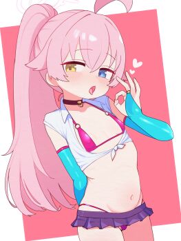 1girl absurdres amesuku_gyaru bikini blue_archive blue_eyes bridal_gauntlets commentary covered_erect_nipples fellatio_gesture gyaru halo heterochromia highres hoshino_(blue_archive) kogal lk149 loli long_hair looking_at_viewer micro_bikini miniskirt navel open_mouth pink_bikini pink_hair ponytail purple_skirt red_background skirt solo swimsuit thighs tongue tongue_out two-tone_background white_background white_halo yellow_eyes