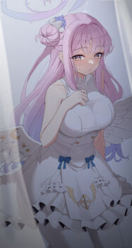 1girl absurdres angel_wings arm_behind_back blue_archive blush breasts buttons closed_mouth collarbone crescent dress feathered_wings flower gradient_hair hair_bun hair_flower hair_ornament halo hand_on_own_chest hashtag-only_commentary highres large_breasts long_hair looking_at_viewer low_wings mahou_gnome mika_(blue_archive) multicolored_hair pink_hair pink_halo purple_eyes purple_flower purple_hair scrunchie single_hair_bun single_side_bun sleeveless sleeveless_dress solo very_long_hair white_dress white_wings wing_ornament wings