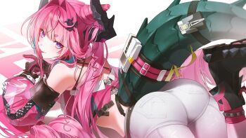 Rule 34 | 1girl, absurdres, aqua hair, arknights, arknights: endfield, ass, black boots, black horns, boots, breasts, commentary, cone hair bun, detached sleeves, diamond-shaped pupils, diamond (shape), from behind, gloves, hair bun, hair intakes, highres, horns, hsr kkgru, long hair, looking at viewer, lying, medium breasts, multicolored gloves, multicolored hair, on side, pants, pink hair, pink tube top, purple eyes, revision, solo, strapless, streaked hair, symbol-shaped pupils, tail, tongue, tongue out, tube top, two-tone gloves, two-tone hair, very long hair, white pants, yvonne (arknights)