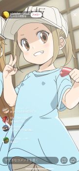 2girls ae-3803 baseball_cap basophil_(hataraku_saibou) blue_shirt blurry blurry_background brown_eyes brown_hair brown_shorts chat_log commentary_request covered_erect_nipples dendritic_cell_(hataraku_saibou) depth_of_field forehead grin hands_up hat hataraku_kesshouban-chan hataraku_saibou highres holding indoors joutarou_(punianikobo) livestream loli long_hair megakaryocyte_(hataraku_saibou) multiple_girls platelet_(hataraku_saibou) ponytail red_blood_cell_(hataraku_saibou) shirt short_sleeves shorts smile solo_focus translation_request v very_long_hair white_headwear