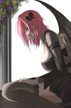 Rule 34 | 1girl, black bow, black dress, black shrug, black thighhighs, black wings, bow, breasts, commentary, dress, hair bow, highres, looking at viewer, lying, medium breasts, medium hair, on side, pink hair, purple eyes, remielle dan, s7nsles, shrug (clothing), solo, thighhighs, thighs, wings, zenless zone zero