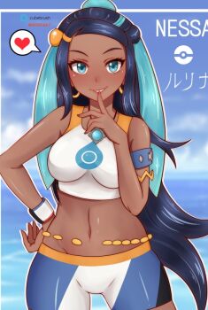 Rule 34 | 1girl, armband, black hair, blue eyes, blue hair, blush, breasts, cloud, dark skin, earrings, finger to mouth, grin, hair bun, hair ornament, hairclip, hand on own hip, heart, hoop earrings, jewelry, large breasts, long hair, looking at viewer, midriff, misune art, multicolored hair, navel, necklace, nessa (pokemon), nintendo, ocean, poke ball symbol, pokemon, pokemon swsh, print shirt, shirt, shorts, sky, sleeveless, sleeveless shirt, smile, speech bubble, spoken heart, standing, teeth, two-tone hair, water, white shirt, white shorts, wristband