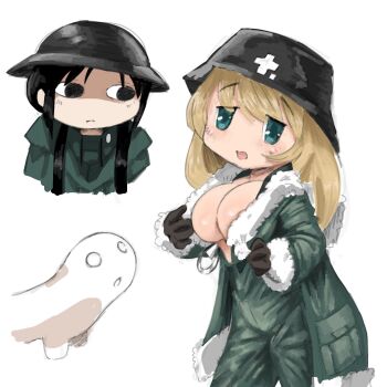 <o>_<o> 2girls bagel512 black_hair blonde_hair blush breasts breasts_out chito_(shoujo_shuumatsu_ryokou) closed_mouth coat creature expressionless fur-trimmed_coat fur_trim green_coat green_eyes grey_helmet helmet highres large_breasts long_hair low_twintails military_uniform mob_face multiple_girls nuko_(shoujo_shuumatsu_ryokou) open_mouth shaded_face shoujo_shuumatsu_ryokou simple_background twintails white_background yuuri_(shoujo_shuumatsu_ryokou)