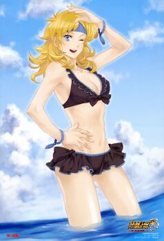 10s 1girl absurdres banpresto bikini black_bikini blonde_hair blue_eyes bracelet breasts chiyoko cleavage day female_focus frilled_bikini frills front-tie_top hairband happy highres jewelry long_hair lune_zoldark medium_breasts one_eye_closed sky smile solo submerged super_robot_wars super_robot_wars_og_the_inspector super_robot_wars_original_generation super_robot_wars_original_generation_2 swimsuit wading water wink