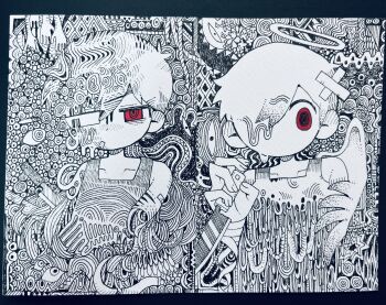 1boy antenna_hair bandaged_arm bandages bandaid bandaid_on_arm double-parted_bangs greyscale hair_between_eyes highres holding holding_knife knife looking_at_viewer male_focus monochrome no_mouth omori omori_(omori) red_eyes short_hair solo something_(omori) spot_color tank_top uminosoko44