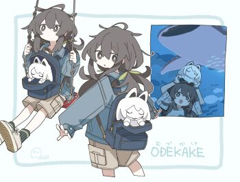 1girl ahoge aida_(aidia) backpack bag black_eyes black_hair black_socks blue_shirt bright_pupils brown_shorts closed_mouth collared_shirt commentary_request cropped_legs dot_nose double-parted_bangs furigana hair_between_eyes hair_ribbon highres long_hair long_sleeves low_twintails multiple_views on_swing open_mouth original ribbon romaji_text school_of_fish shirt shoes shorts sneakers socks swing swinging_on_swing translated twintails whale white_pupils white_shoes yellow_ribbon