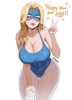 1girl 2026 blonde_blazer blonde_hair blue_leotard blue_mask breasts cleavage collarbone commentary curvy dispatch eye_mask green_eyes hand_on_own_thigh happy_new_year highleg highleg_leotard highres large_breasts leotard lips looking_at_viewer mask new_year pantyhose shiny_clothes shiny_skin simple_background smile solo standing thojad twitter_username v white_background white_pantyhose wide_hips