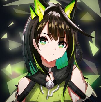 1girl ahoge aqua_eyes aqua_hair arknights bare_shoulders black_eyes black_hair breasts bright_pupils closed_mouth colored_inner_hair commentary_request expressionless green_eyes green_hair highres huge_ahoge long_hair looking_at_viewer material_growth medium_breasts mon3tr_(arknights) multicolored_eyes multicolored_hair oripathy_lesion_(arknights) portrait solo split_mouth white_pupils yoi_(a27963244)