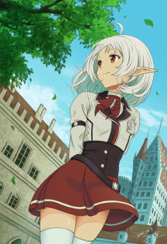 1girl ahoge arm_strap arms_behind_back black_corset building city closed_mouth collared_shirt commentary corset dated day elf highres koma_inu_(komainu_mainu) long_sleeves looking_to_the_side medium_hair mushoku_tensei neck_ribbon outdoors pointy_ears ranoa_magic_academy_school_uniform red_eyes red_ribbon red_skirt ribbon school_uniform shirt signature skirt sky solo sylphiette_(mushoku_tensei) thighhighs tree white_hair white_shirt white_thighhighs zettai_ryouiki