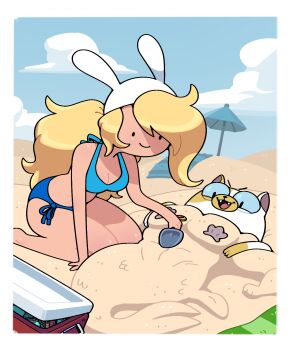 2girls adventure_time adventure_time:_fionna_and_cake animal_hat beach bikini blonde_hair cake_the_cat closed_mouth discount-supervillain fionna_campbell hat highres multiple_girls ponytail rabbit_hat sand smile swimsuit umbrella