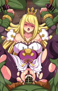 1girl 3boys absurdres angry assisted_rape bar_censor blonde_hair breasts censored chelle_(dragalia_lost) cleavage closed_eyes commission commissioner_upload crown cum cum_inflation detached_sleeves dragalia_lost dress ejaculation gang_rape goblin held_down hetero highres inflation large_breasts leggings long_hair multiple_boys non-web_source open_mouth pantyhose penis precum purple_pantyhose rape restrained sex spread_legs tearing_up textless_version torn_clothes torn_pantyhose vaginal wrist_cuffs yagami_(mukage)