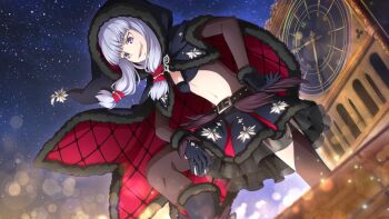 Rule 34 | 1girl, agria (black santa) (tales), agria (tales), argyle cloak, belt, black bra, black cloak, blunt bangs, bodystocking, boots, bra, christmas, cloak, clock, clock tower, clothing cutout, freckles, frilled skirt, frills, fur-trimmed boots, fur-trimmed cloak, fur-trimmed gloves, fur-trimmed hood, fur trim, game cg, gloves, hair rings, hat ornament, hood, hooded cloak, long hair, low-tied sidelocks, navel, night, official alternate costume, official art, outdoors, purple eyes, sidelocks, skirt, sky, star (sky), star (symbol), star hat ornament, starry sky, tales of (series), tales of the rays, tales of xillia, thigh cutout, tower, underwear, white hair