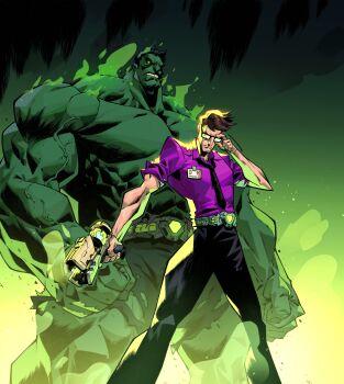 2boys absurdres avengers_(series) belt black_hair black_pants brown_hair bruce_banner colored_skin formal_clothes glasses green_background green_skin gun highres holding holding_gun holding_removed_eyewear holding_weapon hulk leo_chiola male_focus marvel marvel_rivals marvel_snap multiple_boys muscular muscular_male official_art pants purple_shirt purple_suit shirt short_hair suit teeth unworn_eyewear weapon
