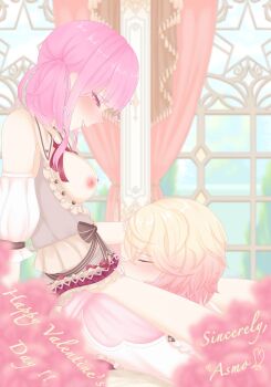 1boy 1girl absurdres artist_name bare_shoulders blonde_hair blush breasts breasts_out brown_dress closed_eyes collared_dress commentary cunnilingus curtains detached_sleeves dress english_commentary english_text frilled_dress frilled_sleeves frills from_side funsai_seyo!_unvalentine_no_fukushuu_(project_sekai) gradient_hair grey_dress happy_valentine heart hetero highres himitsu_no_valentine_daisakusen!_(project_sekai) indoors looking_down low_twintails medium_breasts multicolored_dress multicolored_hair neck_ribbon nipples official_alternate_costume official_alternate_hairstyle ootori_emu oral parted_lips pink_dress pink_eyes pink_hair profile project_sekai puffy_detached_sleeves puffy_sleeves raised_inner_eyebrows red_dress red_ribbon ribbon sidelocks sincerelyasmos sitting tenma_tsukasa twintails window