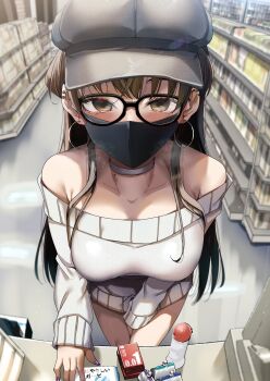 1girl alt_text bare_shoulders between_legs black-framed_eyewear black_mask breasts brown_eyes brown_hair buying_condoms choker convenience_store dress earrings glasses grey_hat hand_between_legs hat highres hoop_earrings indoors jewelry konata_(kankin_jk) large_breasts long_hair looking_at_viewer mask mishiranu_joshikousei_ni_kankin_sareta_mangaka_no_hanashi mouth_mask newsboy_cap off-shoulder_sweater off_shoulder okamoto_condoms ryouma_(galley) shop solo sweater sweater_dress white_choker white_sweater