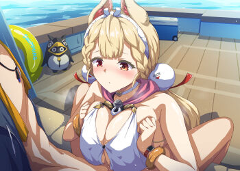 1boy 1girl alice_thymefield alice_thymefield_(sea_of_thyme) animal_ears bangboo_(zenless_zone_zero) bare_shoulders bikini blonde_hair blush breasts breasts_squeezed_together cleavage hair_ornament hetero heterochromia large_breasts long_hair low_twintails marugoshi_(54burger) orange_eyes paizuri penguinboo_(zenless_zone_zero) rabbit_ears rabbit_girl red_eyes sphere_hair_ornament swimsuit twintails white_bikini wise_(peaceful_waves)_(zenless_zone_zero) wise_(zenless_zone_zero) zenless_zone_zero