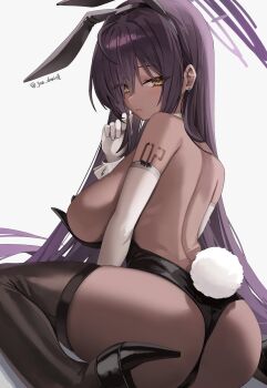 1girl absurdres ahoge animal_ears ass back backless_leotard bare_shoulders black_hair black_leotard black_shoes black_thighhighs blue_archive blush breasts commentary dark-skinned_female dark_skin detached_collar earrings elbow_gloves fake_animal_ears from_behind gloves gradient_hair hair_between_eyes halo high_heels highleg highleg_leotard highres holding holding_own_hair jewelry jun_daniell karin_(blue_archive) large_breasts leotard long_hair looking_at_viewer looking_back median_furrow multicolored_hair number_tattoo playboy_bunny purple_hair purple_halo rabbit_ears rabbit_tail shoes shoulder_tattoo sideboob simple_background sitting solo strapless strapless_leotard tail tattoo thighhighs thighs twitter_username very_long_hair wariza white_background white_gloves white_wrist_cuffs wrist_cuffs yellow_eyes