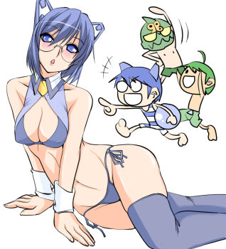 Rule 34 | 1girl, 2k-kun, 2k-tan, 3boys, 98-kun, :d, bad id, bad pixiv id, bikini, blue eyes, blue hair, blush, breasts, cleavage, covered erect nipples, glasses, me-kun, midriff, multiple boys, o o, open mouth, os-tan, ruriwo (ruriwo1894), short hair, side-tie bikini bottom, smile, swimsuit, thighhighs