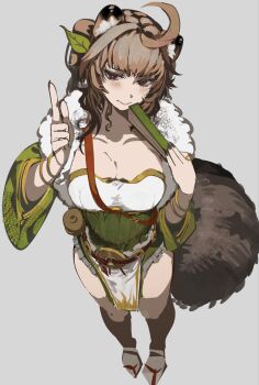Rule 34 | 1girl, ahoge, animal ear fluff, animal ears, black nails, blush, bracelet, breasts, brown hair, chinese clothes, cleavage, dress, fur-trimmed dress, fur trim, gold trim, gourd, green dress, hand fan, highres, holding, holding fan, jewelry, leaf, leaf on head, original, paper fan, pointing, pointing up, raccoon ears, raccoon girl, raccoon tail, red eyes, simple background, solo, tail, tomatolover16