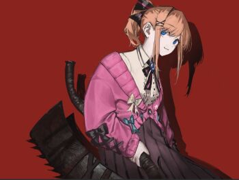 :3 blue_eyes bow brown_hair cardigan collared_shirt hair_intakes hashtag-only_commentary high-waist_skirt neck_ribbon nijisanji pink_cardigan pinstripe_pattern pinstripe_skirt pleated_skirt ponytail red_background ribbon shirt sidelocks skirt smile striped_bow suzuhara_lulu virtual_youtuber yofuke/yofu