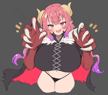 1girl :d black_cape black_panties blush breasts cape commentary_request cowboy_shot cropped_legs cross-laced_clothes cross-laced_top curled_horns dragon_claw dragon_girl dragon_horns dragon_tail fang gradient_hair grey_background highres horns huge_breasts ilulu_(maidragon) kobayashi-san_chi_no_maidragon long_hair looking_at_viewer multicolored_hair navel notice_lines open_mouth oppai_loli panties pink_hair pointy_ears purple_hair red_cape red_eyes signature simple_background slit_pupils smile solo standing tail twintails two-sided_cape two-sided_fabric underwear v-shaped_eyebrows very_long_hair yana_(nekoarashi) yellow_horns