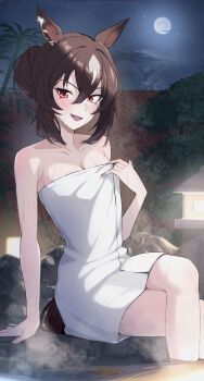 1girl absurdres animal_ears bare_shoulders blush breasts brown_hair collarbone crossed_legs ear_ornament full_moon hair_between_eyes hair_bun highres hitempo horse_ears horse_girl horse_tail lantern long_hair looking_at_viewer medium_breasts moon multicolored_hair naked_towel night night_sky onsen open_mouth red_eyes sirius_symboli_(umamusume) sitting sky smile solo streaked_hair tail towel umamusume wet white_hair