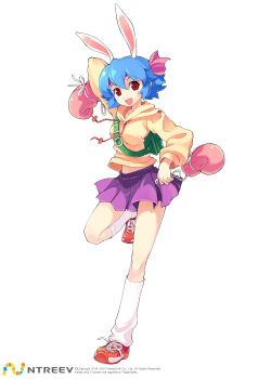 10s 1girl animal_ears armcho backpack bag blue_hair boxing_gloves bunny_(trickster) female_focus full_body happy headband hood hoodie looking_at_viewer loose_socks navel open_mouth pleated_skirt rabbit_ears randoseru red_eyes short_hair simple_background skirt socks solo standing standing_on_one_leg trickster_(ntreev_soft) white_background