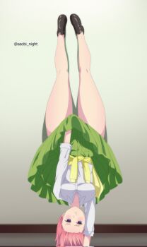 1girl artist_name asobi_night black_footwear blue_eyes breasts clothes_around_waist collarbone go-toubun_no_hanayome green_skirt handstand highres long_sleeves looking_at_viewer lycoris_challenge_(meme) lycoris_recoil medium_breasts meme nakano_ichika parody pink_hair pout scene_reference school_uniform shirt short_hair skirt sweater sweater_around_waist thick_thighs thighs upside-down white_shirt yellow_sweater