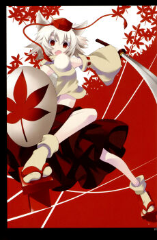 1girl absurdres animal_ears detached_sleeves female_focus geta hat highres inubashiri_momiji kanno_touko midriff navel non-web_source red_eyes shield short_hair solo sword tengu-geta tokin_hat touhou weapon wolf_ears