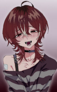 1other androgynous blush collar colored_tips ear_piercing emaciated eyebrow_piercing face_piercing highres mouth_piercing multicolored_hair non-web_source open_mouth original patch piercing red_hair scar simple_background source_request xiaoshanruix