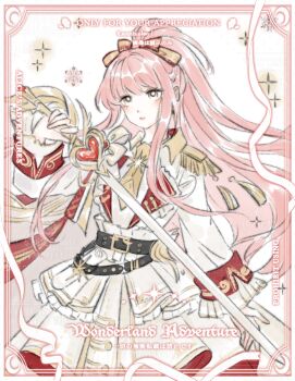 1girl :o artist_request belt belt_buckle black_belt bow bright_pupils brown_eyes buckle chinese_commentary collared_dress commentary_request commission contrast_lapels cowboy_shot dress epaulettes expressionless frilled_dress frilled_sleeves frills gold_buckle hair_bow heart high_ponytail highres holding holding_sword holding_weapon lapels light_blush light_chaser_(miracle_nikki) long_hair long_sidelocks long_sleeves looking_ahead miracle_nikki necktie nikki_(nikki) nikki_(series) notched_lapels parted_lips picture_frame pink_hair ponytail sample_watermark second-party_source sidelocks sleeve_cuffs solo sparkle standing sword too_many_watermarks very_long_hair watermark wavy_hair weapon white_background white_dress white_pupils yellow_bow yellow_necktie