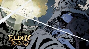 1girl :3 artist_name blue_eyes blue_hair blue_skin cape cloak closed_mouth colored_skin cracked_skin doll_joints dress elden_ring english_text erdtree_(elden_ring) extra_arms extra_faces fromsoftware fur_cape fur_cloak glowing glowing_tattoo hadrimouto hat highres interlocked_fingers joints large_hat long_hair looking_at_viewer one_eye_closed own_hands_together parody ranni_the_witch ruins smile solo style_parody tattoo tengen_toppa_gurren_lagann ttgl_eyecatch white_dress witch witch_hat