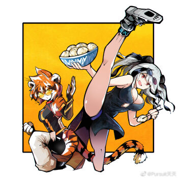 2girls arknights breasts chopsticks cleavage eyewear_on_head feater_(arknights) food holding holding_chopsticks kung_fu_panda looking_at_viewer multiple_girls panda_girl pursuit_tiantian red_eyes smile steamed_bun thighs tiger_girl twintails waai_fu_(arknights)