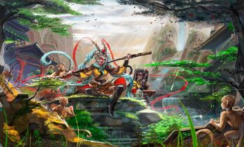 2girls aqua_eyes aqua_hair architecture arialavie armor artist_name bo_staff boots chinese_clothes commentary cosplay east_asian_architecture english_commentary hatsune_miku highres holding holding_staff holding_tray journey_to_the_west karst long_hair makeup monkey monkey_girl monkey_tail multiple_girls open_mouth pants red_pants shirt sitting smile staff sun_wukong sun_wukong_(cosplay) tail tray tree twintails very_long_hair vocaloid water waterfall yellow_shirt