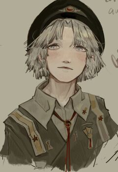 1other androgynous black_hat blunt_bangs blunt_ends brooch closed_mouth collared_shirt cropped_torso dress expressionless eyelashes fujiwara_no_shirogane_no_sanra green_dress grey_background grey_eyes grey_hair hat hatsburg highres jewelry len&#039;en light_blush lips looking_at_viewer medal messy_hair military_hat military_uniform neck_ribbon nostrils other_focus parted_lips peaked_cap print_headwear realistic red_ribbon ribbon shirt shirt_under_dress short_hair short_sleeves simple_background solo star_(symbol) star_print white_shirt wing_print yin_yang yin_yang_print