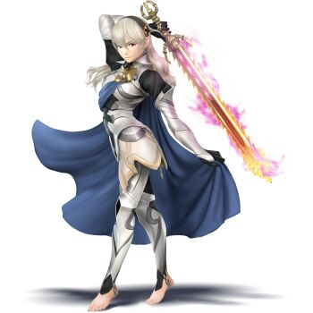 1girl 3d armor barefoot blonde_hair cape chainsaw female_corrin_(fire_emblem) feet female_focus fire fire_emblem fire_emblem_fates fire_emblem_if full_body grey_hair hairband highres long_hair model nintendo official_art pointy_ears red_eyes solo stirrup_legwear super_smash_bros. sword tiptoes toeless_legwear toes transparent_background weapon yato_(fire_emblem)