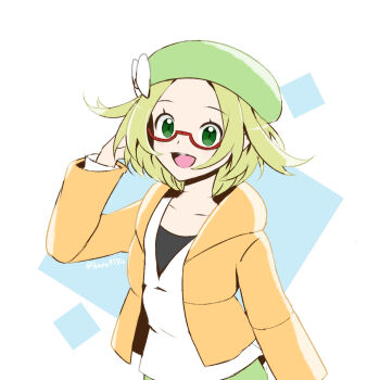 Rule 34 | 1girl, bianca (pokemon), blonde hair, collarbone, glasses, green eyes, green headwear, hand in own hair, haru (haru4782), highres, jacket, looking at viewer, nintendo, open mouth, orange jacket, pokemon, pokemon bw2, red-framed eyewear, short hair, smile, solo, twitter username, white background