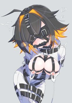 1girl absurdres ahoge bdsm bit_gag black_hair blindfold bodysuit bondage bound bound_arms bound_legs breastless_straitjacket breasts breasts_out colored_inner_hair fangs female_focus gag gag_harness gagged glowing glowing_hair grey_background hair_intakes hair_over_one_eye highres hitachi_magic_wand lactation menou_74 milking_machine multicolored_hair nipples no_bra orange_hair original sex_toy short_hair simple_background skin_fangs solo standing straitjacket two-tone_hair variant_set vibrator white_bodysuit