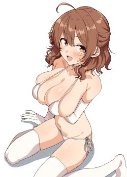 1girl absurdres ahoge bikini breasts brown_eyes brown_hair choker cleavage collarbone commentary_request elbow_gloves gakuen_idolmaster gloves hanami_ume highres idolmaster large_breasts looking_at_viewer medium_hair open_mouth paid_reward_available seihekiog side-tie_bikini_bottom simple_background sitting smile solo swimsuit thighhighs thighs wariza white_background white_bikini white_choker white_gloves white_thighhighs