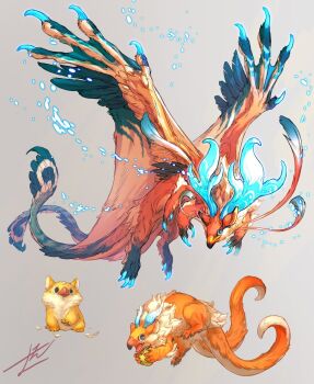 animal_focus apple baby_animal beak bird black_eyes blue_eyes blue_horns chick claws commentary_request creature evolution extra_arms feathered_wings food from_side fruit full_body grey_background highres holding holding_food holding_fruit horns looking_at_viewer monster multiple_tails no_humans open_mouth original simple_background tail two_tails wings yamamura_le